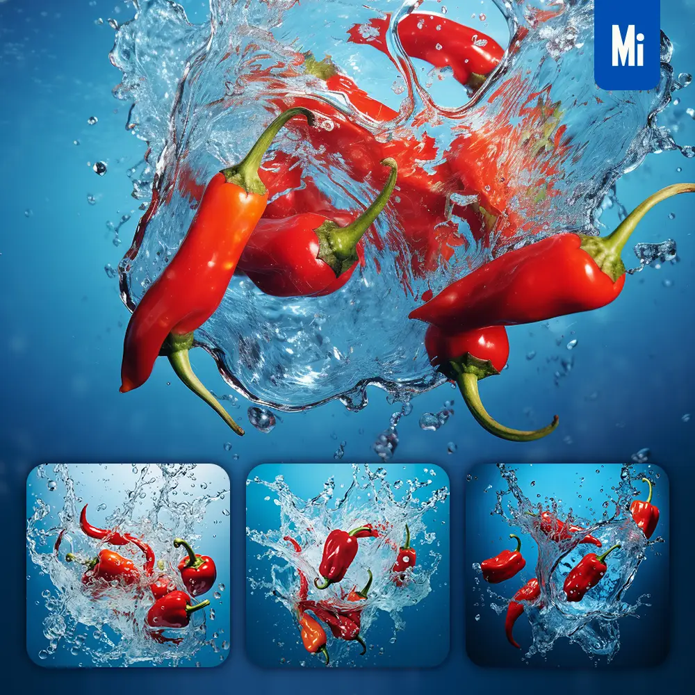 midjourney prompt chili pepper underwater splash water spray photography