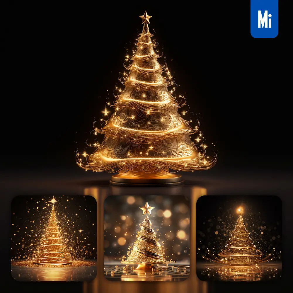 midjourney prompt christmas tree golden sparkling lighting material 3D