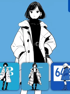 Midjourney Prompt Coat Girl Blue Lady Woman Animation Character Portrait Cartoon Illustration