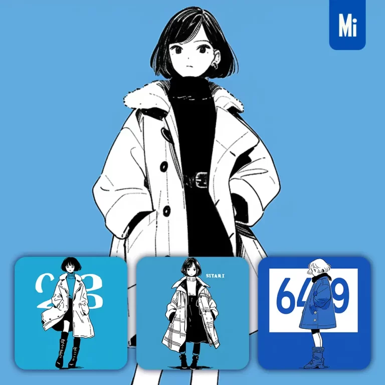 midjourney prompt coat girl blue lady woman animation character portrait cartoon illustration