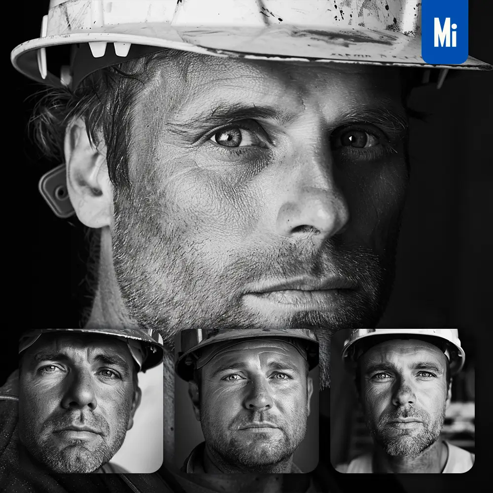 midjourney prompt construction worker man male face head portrait black and white photography