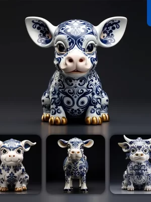 Midjourney Prompt Cow Porcelain Blue Animals Chinese China Pattern 3d