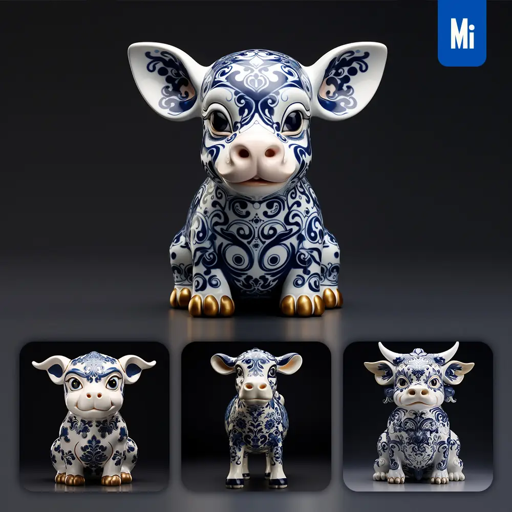 midjourney prompt cow porcelain blue animals Chinese China pattern 3D