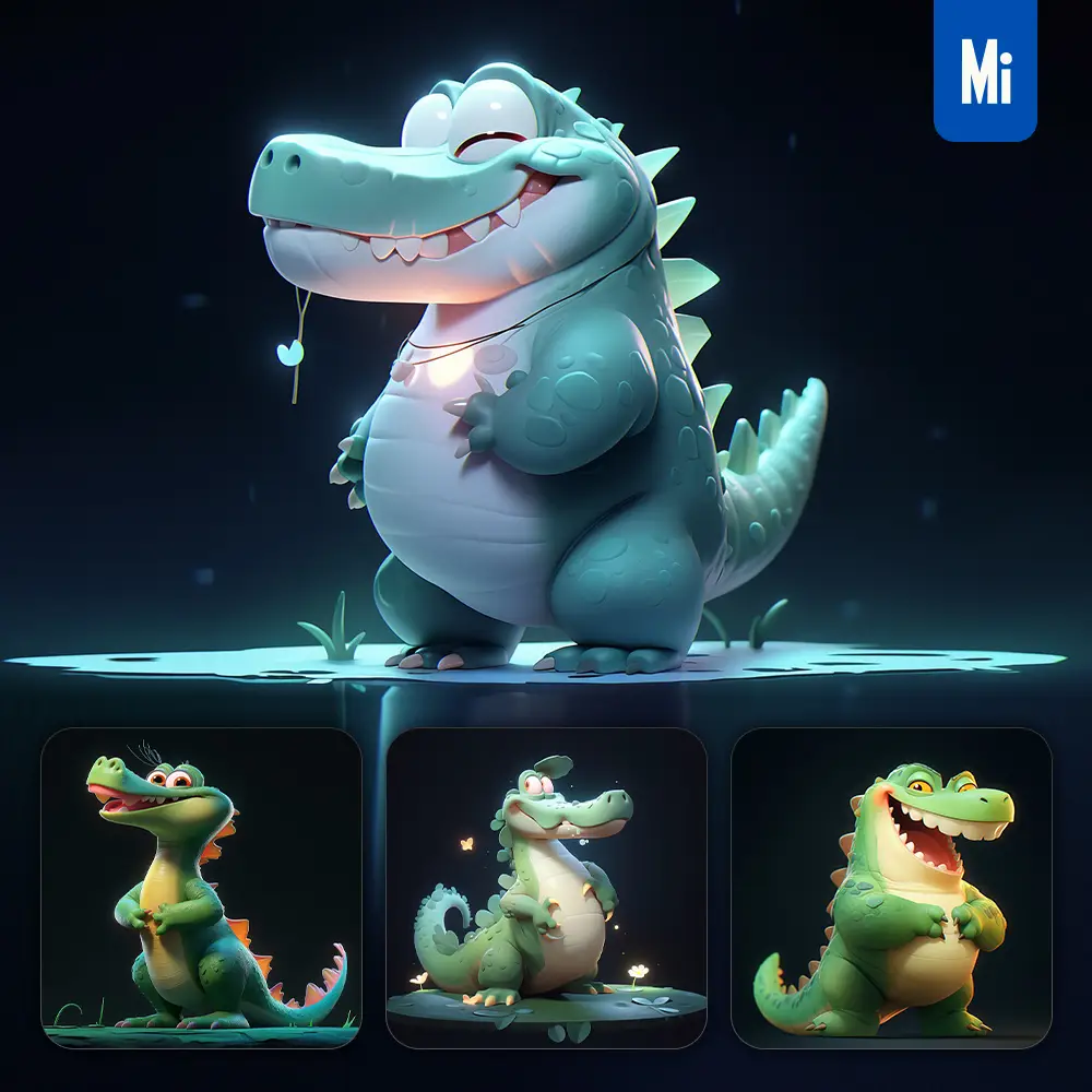 midjourney prompt crocodile alligator cute green 3D cartoon IP character C4D animation