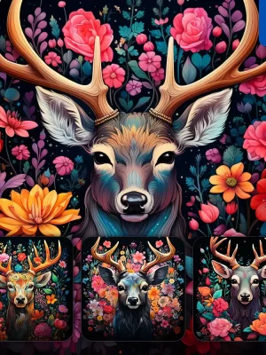 Midjourney Prompt Deer Front Head Face Flowers Artist Colorful Painting Illustration Tattoo Pattern