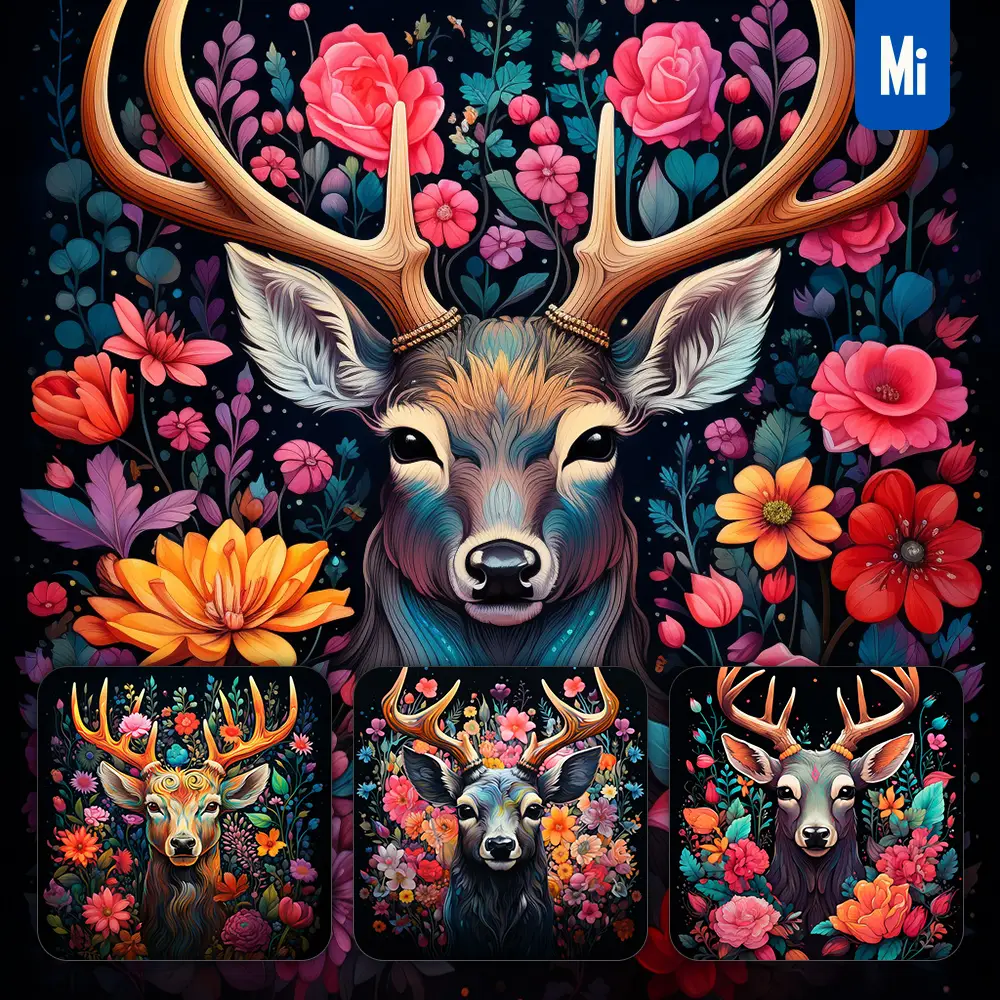 midjourney prompt deer front head face flowers artist colorful painting illustration tattoo pattern