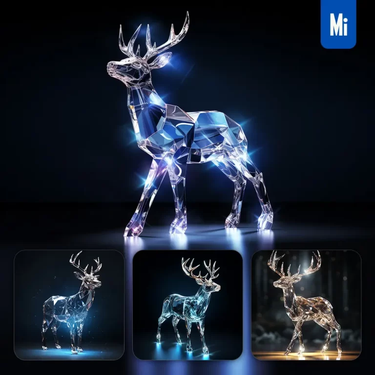 midjourney prompt deer glass crystal 3D transparent