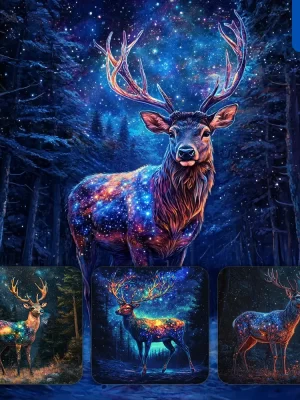 Midjourney Prompt Deer Night Enchanted Forest Starry Sky Illustration Painting