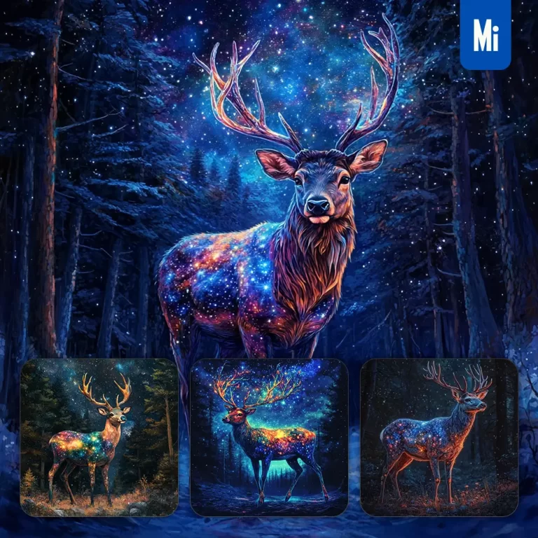 midjourney prompt deer night enchanted forest starry sky illustration painting