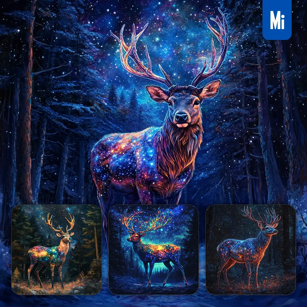 midjourney prompt deer night enchanted forest starry sky illustration painting