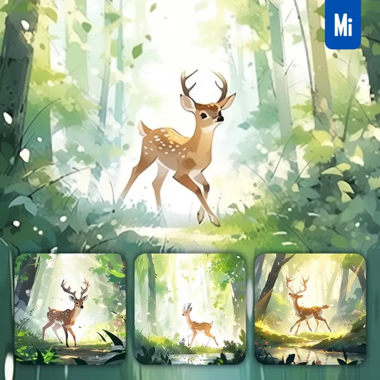 midjourney prompt deer run happy forest ink tree watercolor painting illustration