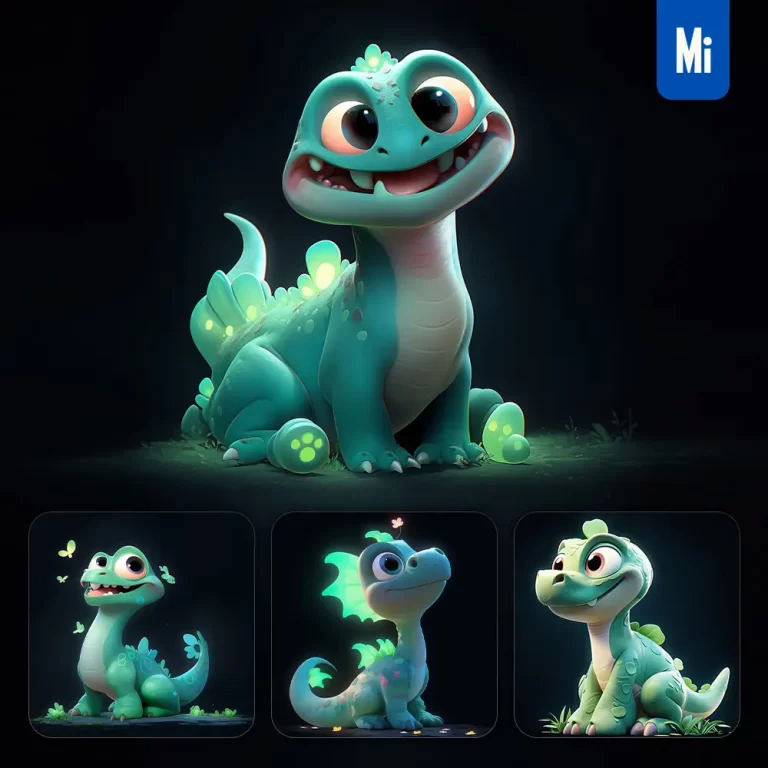 midjourney prompt dinosaur cute green 3D cartoon IP character C4D animation