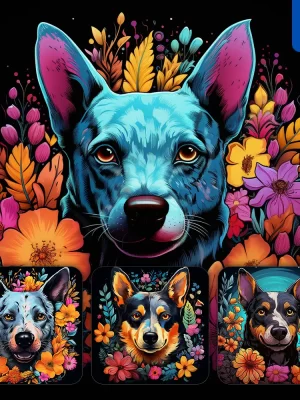 Midjourney Prompt Dog Front Head Face Flowers Artist Colorful Painting Illustration Tattoo Pattern