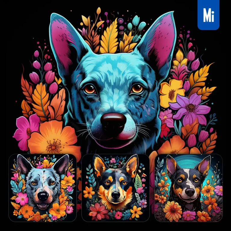 midjourney prompt cattle dog front head face flowers artist colorful painting illustration tattoo pattern