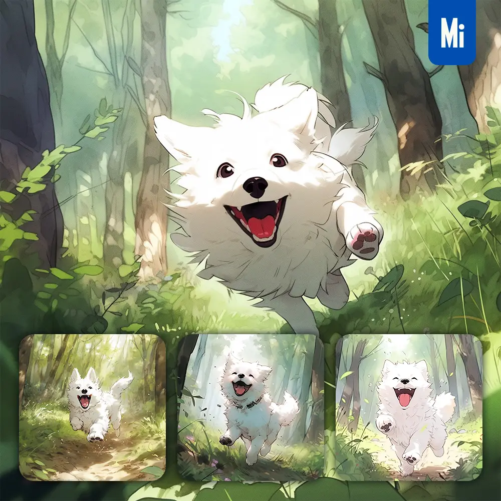 midjourney prompt dog run happy forest ink tree watercolor painting illustration