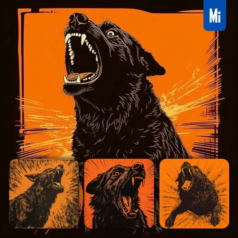 midjourney prompt dog woodprint screaming shout black orange woodcut print engraving
