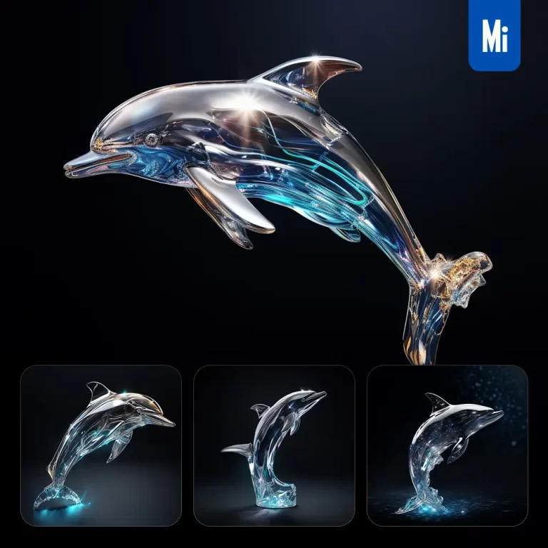 midjourney prompt dolphin glass crystal 3D transparent