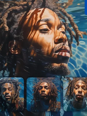 Midjourney Prompt Dreadlocks African Boy Man Diving Swimming Underwater Sea Face Oil Painting