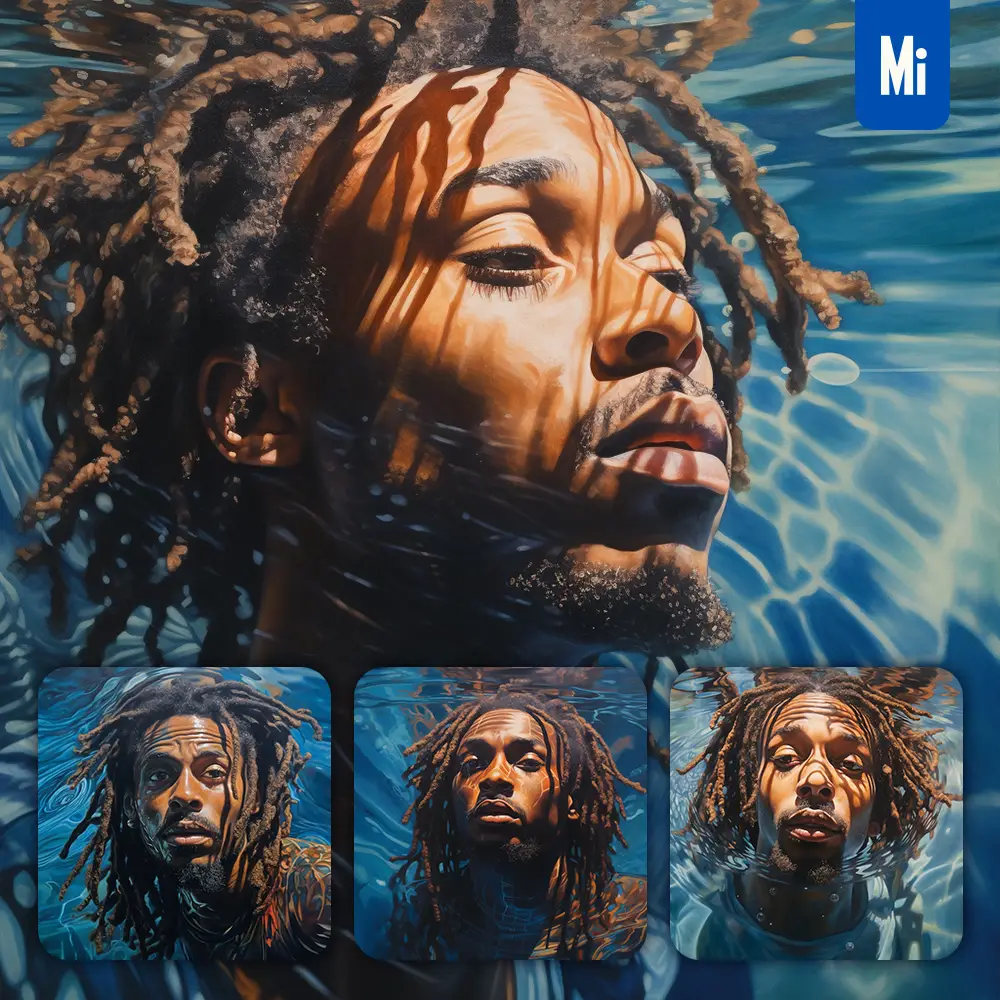 Midjourney Prompt Dreadlocks African Boy Man Diving Swimming Underwater Sea Face Oil Painting