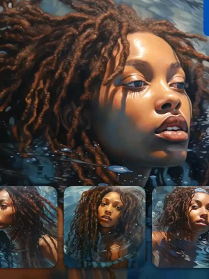 Midjourney Prompt Dreadlocks Woman African Girl Man Diving Swimming Underwater Sea Face Oil Painting