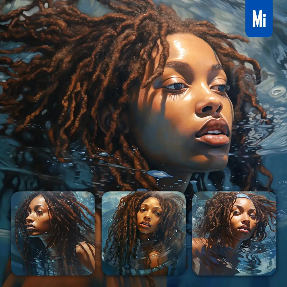 midjourney prompt dreadlocks woman African girl man diving swimming underwater sea face oil painting