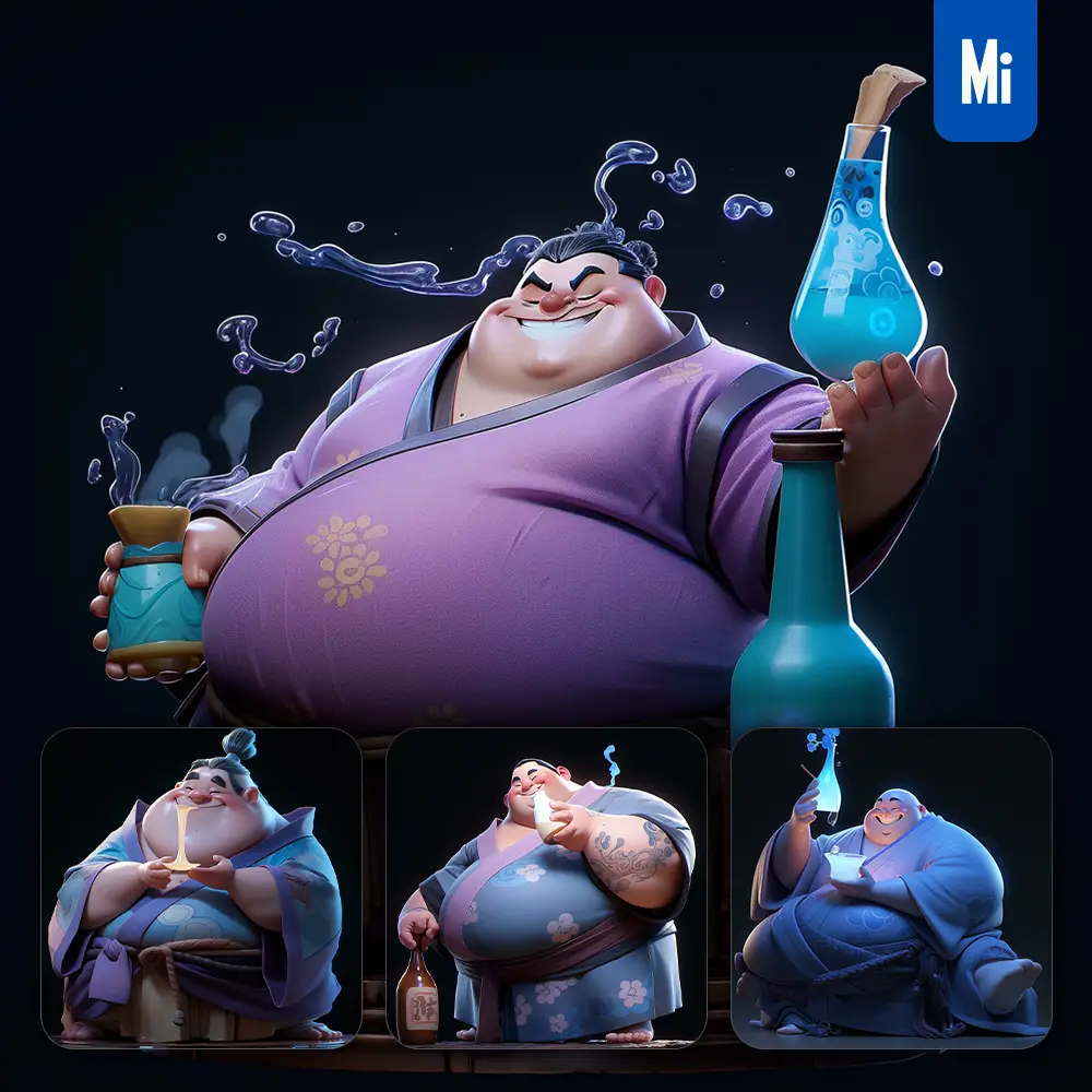 midjourney prompt drunkard sot man drink cute 3D cartoon IP character C4D animation