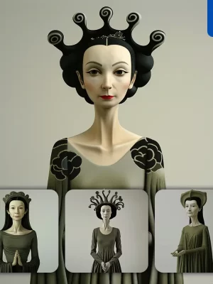 Midjourney Prompt Duchess Countess Grotesque Exaggerated Dress Woman Girl Lady Face Portrait Animation Cartoon Painting