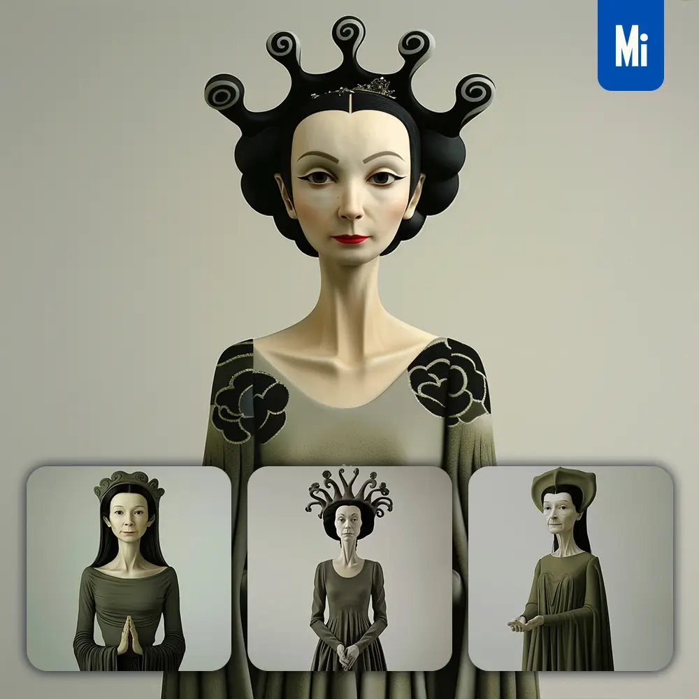 Midjourney Prompt Duchess Countess Grotesque Exaggerated Dress Woman Girl Lady Face Portrait Animation Cartoon Painting