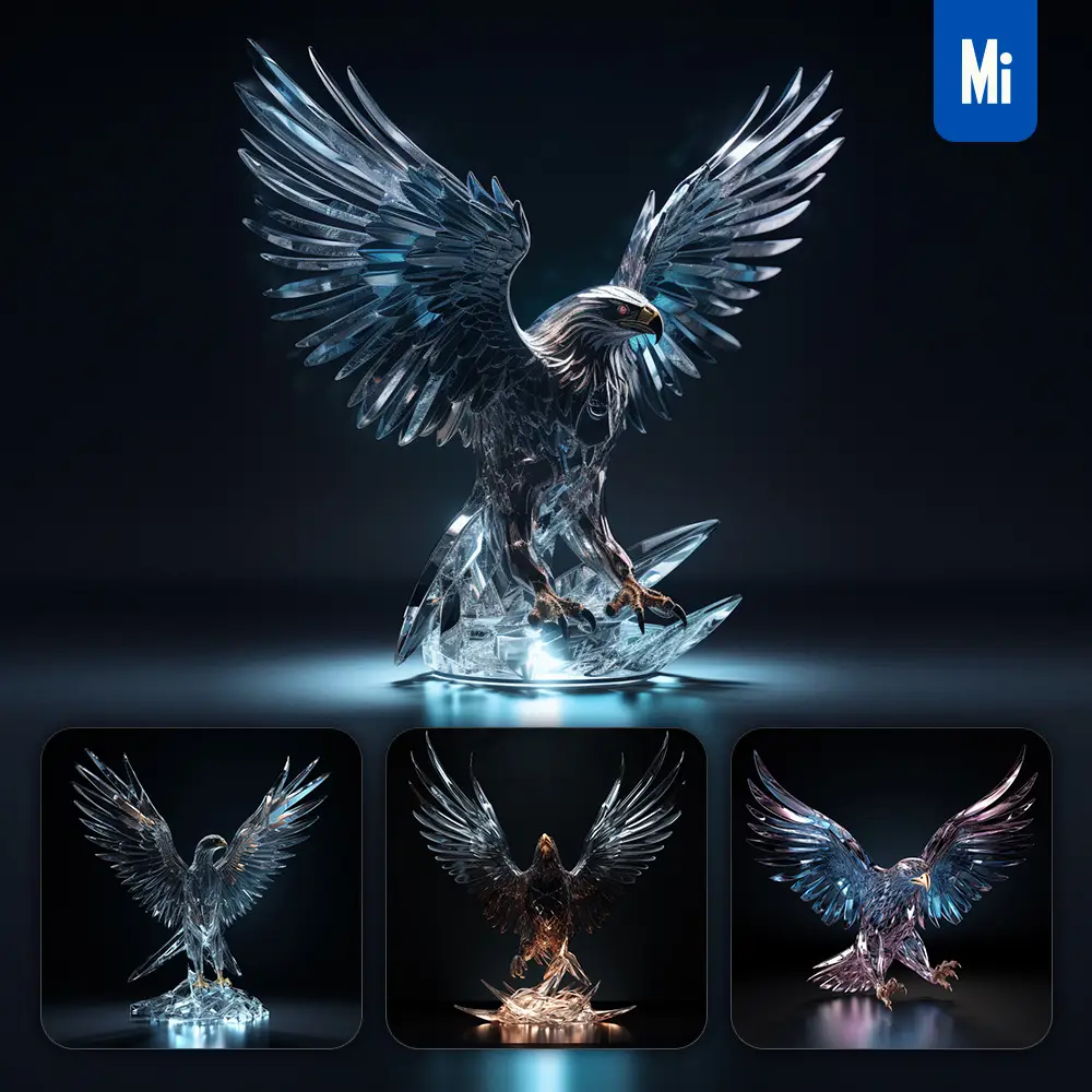 midjourney prompt eagle glede glass crystal 3D transparent
