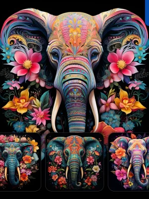 Midjourney Prompt Elephant Front Head Face Flowers Artist Colorful Painting Illustration Tattoo Pattern