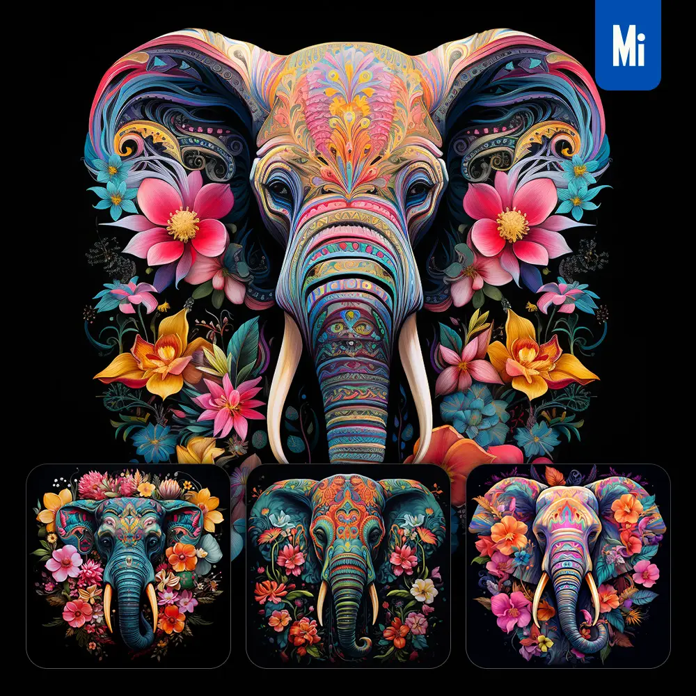 midjourney prompt elephant front head face flowers artist colorful painting illustration tattoo pattern
