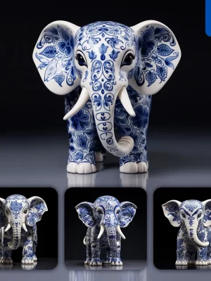 Midjourney Prompt Elephant Porcelain Blue Animals Chinese China Pattern 3d