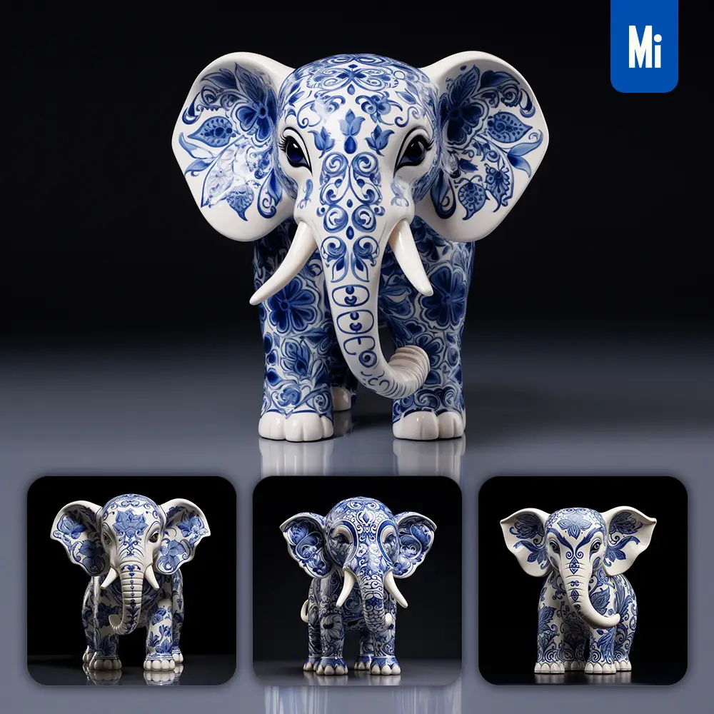 Midjourney Prompt Elephant Porcelain Blue Animals Chinese China Pattern 3d