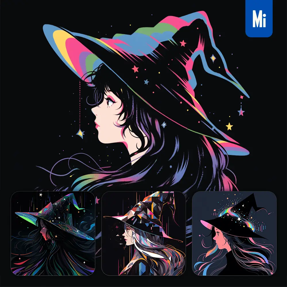 midjourney prompt female beautiful wizard side hat cartoon Japanese animation portrait vector illustration art colorful
