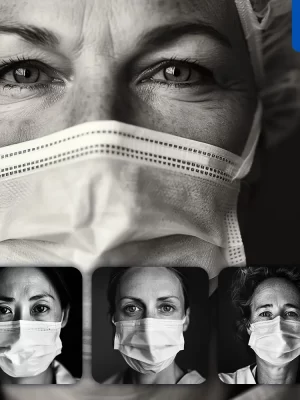 Midjourney Prompt Female Doctor Mask Woman Lady Face Head Portrait Black And White Photography