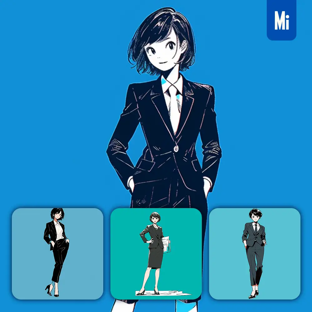 Midjourney Prompt Female Lawyer Suit Girl Blue Lady Woman Animation Character Portrait Cartoon Illustration