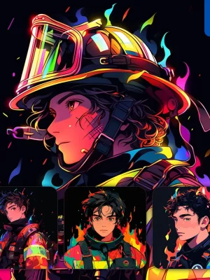 Midjourney Prompt Firefighter Cartoon Japanese Animation Portrait Vector Illustration Art Colorful