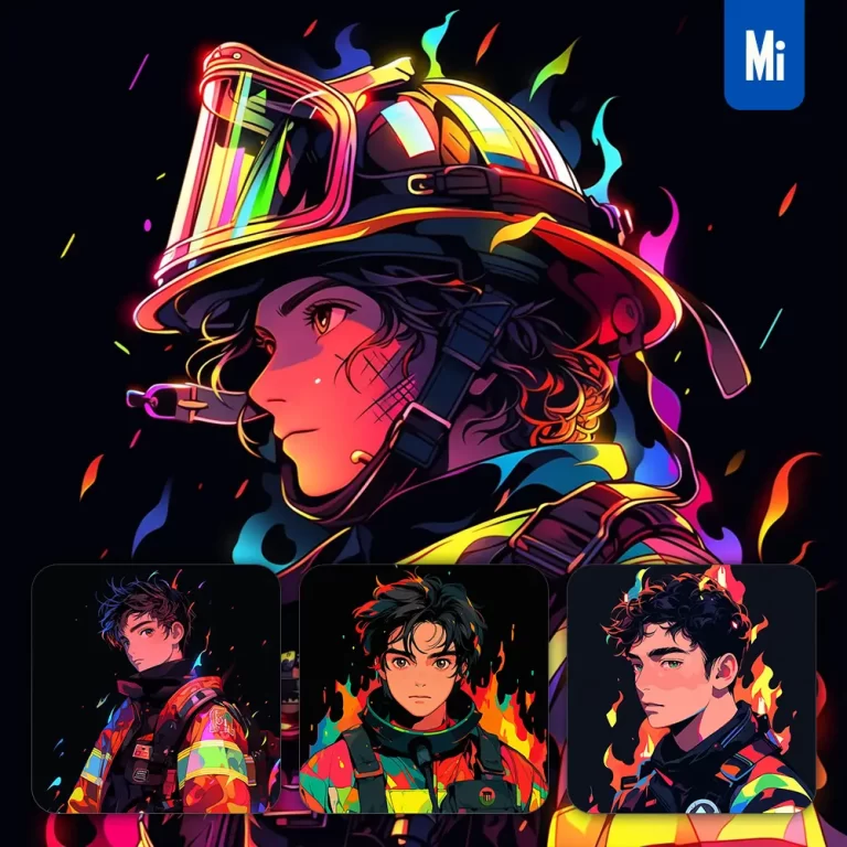 midjourney prompt firefighter cartoon Japanese animation portrait vector illustration art colorful