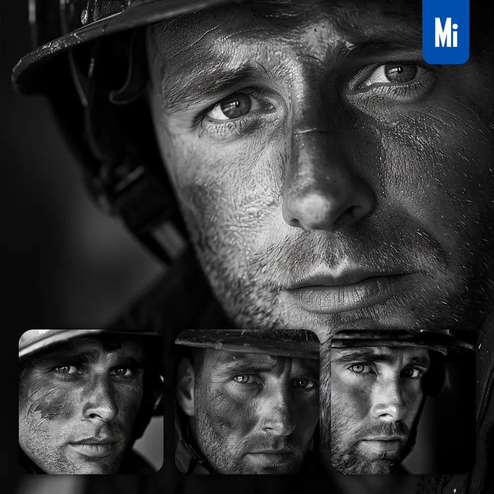 midjourney prompt firefighter man male face head portrait black and white photography