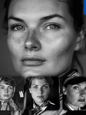 Midjourney Prompt Flight Attendant Airline Stewardess Woman Female Face Head Portrait Black And White Photography