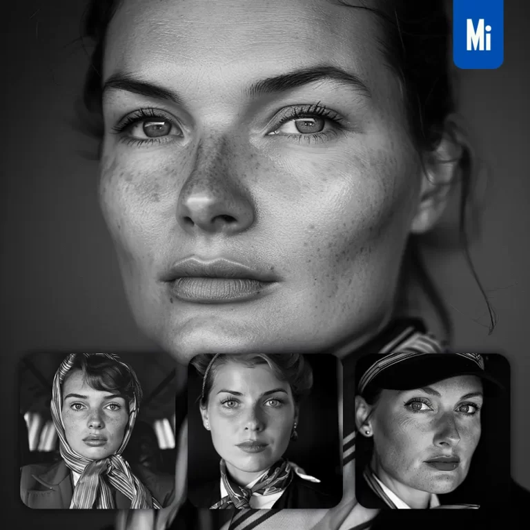 midjourney prompt flight attendant airline stewardess woman female face head portrait black and white photography