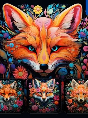 Midjourney Prompt Fox Front Head Face Flowers Artist Colorful Painting Illustration Tattoo Pattern