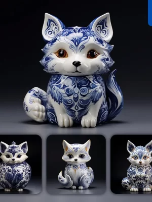 Midjourney Prompt Fox Porcelain Blue Animals Chinese China Pattern 3d