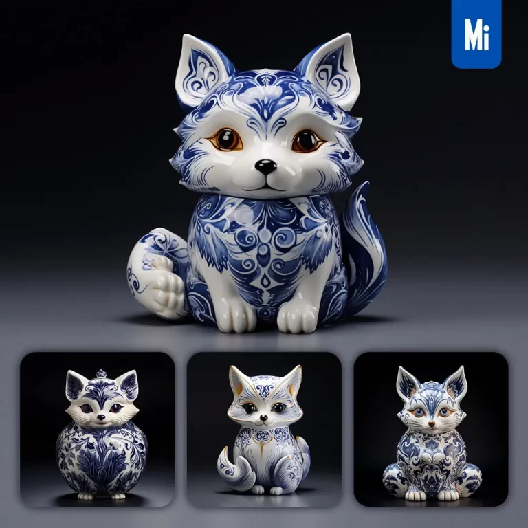 midjourney prompt fox porcelain blue animals Chinese China pattern 3D