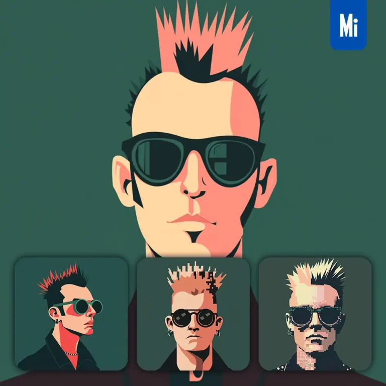 midjourney prompt front band punk mohawk head face vintage vector sunglasses flat portrait illustration