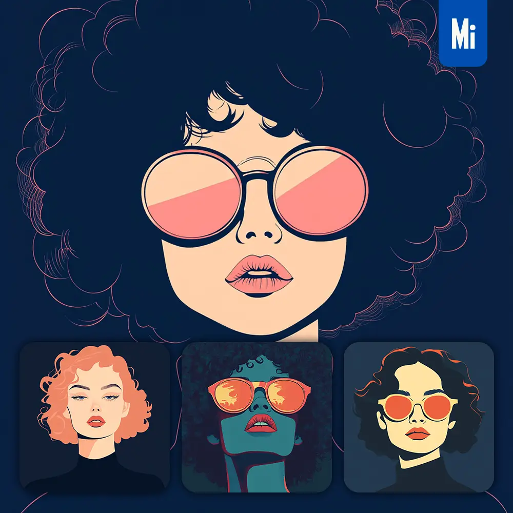 Midjourney Prompt Front Curls Lady Woman Head Face Vintage Vector Sunglasses Flat Portrait Illustration