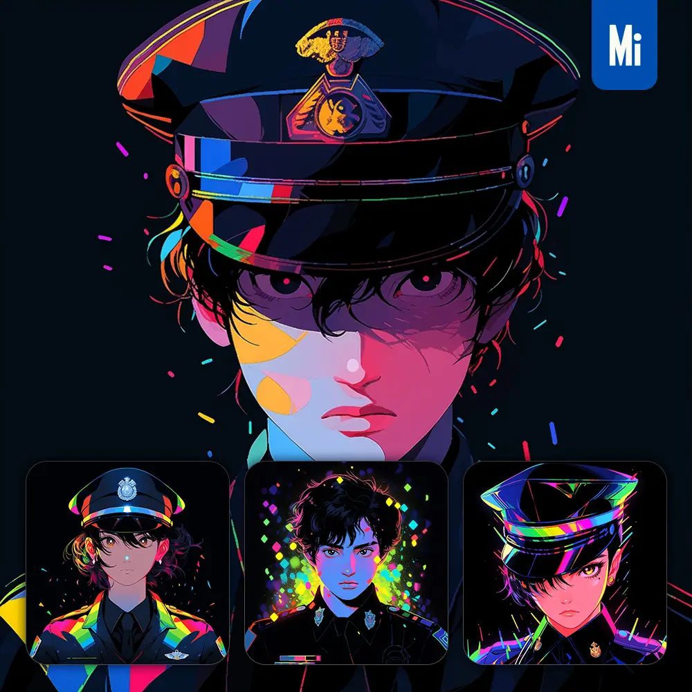 midjourney prompt front police officer man policeman cartoon Japanese animation portrait vector illustration art colorful