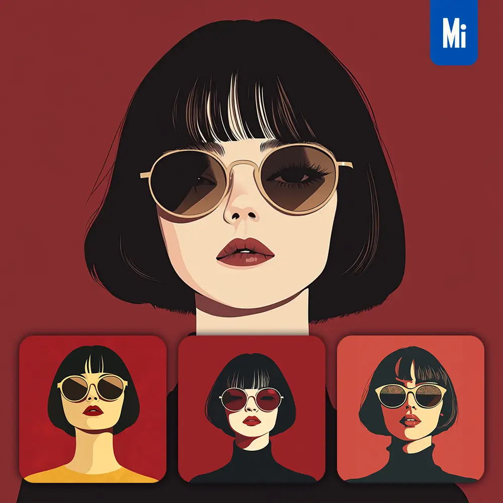 midjourney prompt front short hair lady woman head face vintage vector sunglasses flat portrait illustration