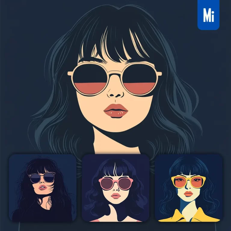 midjourney prompt front waves hair lady woman head face vintage vector sunglasses flat portrait illustration