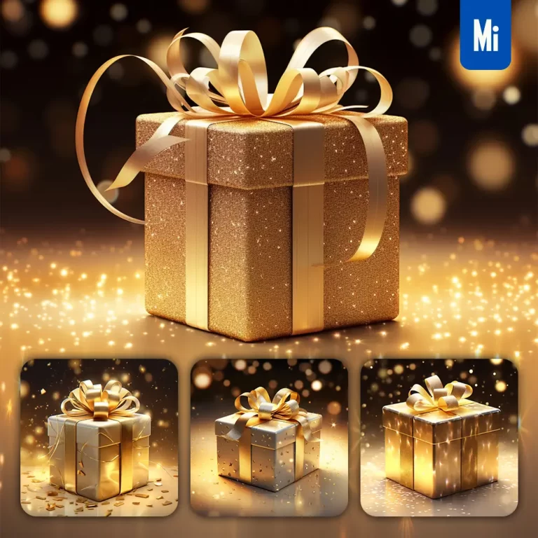 midjourney prompt gift box package golden sparkling lighting material 3D